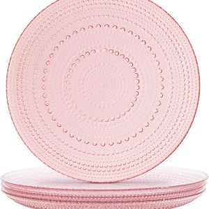 Vintage Pink Hobnail Glass Dinner Plates Set of Four